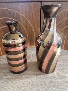 Vintage Decorative Brass Metallic Striped Vase Pair - Copper and Gold Accent